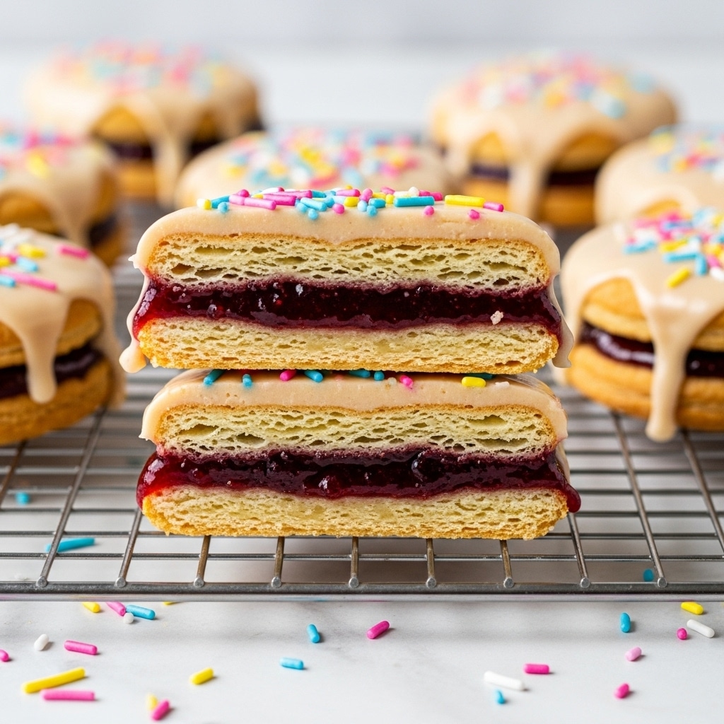 The image shows a close-up of two layered, half-cut pastries stacked on a metal cooling rack. Each pastry has a golden-brown, flaky crust base as the bottom layer, followed by a thick, glossy dark red jelly filling in the middle. The top layer is a smooth beige icing that drips slightly down the sides with colorful sprinkles (pink, blue, yellow) scattered on top and around the rack on a white marbled surface. Additional whole pastries with the same layers are visible but softly blurred in the background. Photo taken with an iphone --ar 4:5 --v 7