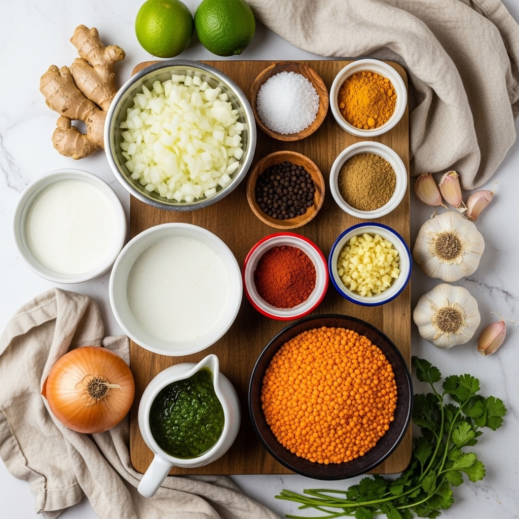 The image shows a wooden board with ten bowls and containers arranged neatly on it, each holding different ingredients. In the top left, a silver bowl is filled with white chopped onions, below it a white bowl contains a thick white liquid. To the right of the onions is a small wooden bowl with coarse salt, next is a small wooden bowl with black peppercorns. Moving further right, three small white bowls hold yellow turmeric powder, a brown powder, and pale chopped garlic. Below these, a white bowl with a red rim is filled with bright red chili powder. At the bottom right corner of the board, a dark bowl is filled with orange lentils. Below the thick white liquid, there is a white jug with green herb sauce. Around the chopping board, there are two limes at the top, fresh ginger to the left, garlic bulbs to the right, a whole onion on the left, and some fresh green herbs at the bottom right. The scene is set on a white marbled texture surface with some beige cloths nearby. photo taken with an iphone --ar 4:5 --v 7