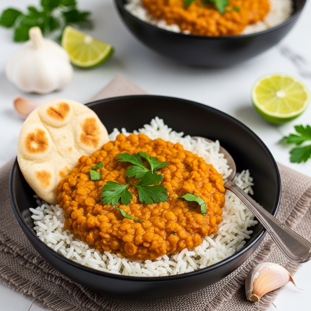 A black cast iron pan filled with thick orange lentil curry that has a textured, somewhat chunky surface with visible lentils, swirled with white yogurt sauce in a spiral pattern. The curry is sprinkled with black and white sesame seeds and small green cilantro leaves. A wooden spoon is resting on the curry on the right side of the pan. Around the pan, there are pieces of flatbread with golden brown spots, arranged casually on a white marbled surface. Near the pan, lime wedges, whole garlic cloves, and small wooden bowls filled with salt and black peppercorns add color and detail. The overall setting includes a light beige cloth adding texture. Photo taken with an iphone --ar 4:5 --v 7