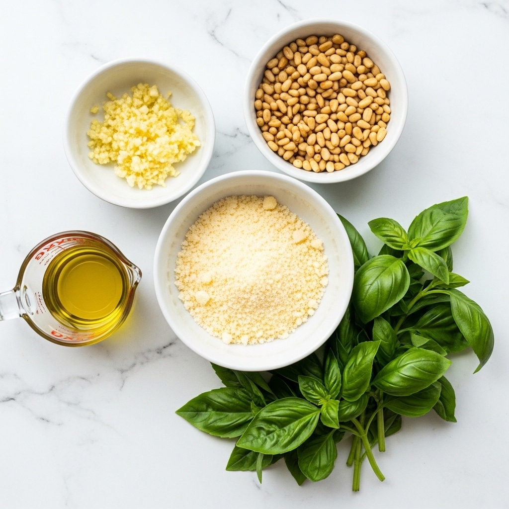 The image shows five ingredients arranged on a white marbled surface, each clearly labeled. At the center left, there is a small white bowl filled with finely chopped light yellow garlic. To the right, a white bowl holds a heap of light brown pine nuts. Below the garlic bowl, a larger white bowl is filled with finely grated pale yellow parmesan cheese. At the bottom left, there is a small clear measuring cup containing golden olive oil. To the right of the olive oil, a fresh bunch of bright green basil leaves rests directly on the white marbled surface. The overall look is clean and fresh, with a bright natural light highlighting the textures and colors of each ingredient. photo taken with an iphone --ar 4:5 --v 7