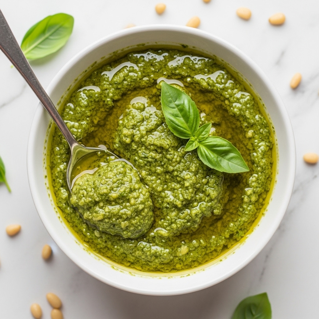 A close-up of a light beige plate filled with spaghetti pasta lightly coated in a green herb sauce, showing smooth, slightly shiny noodles with small bits of green herbs spread all over. A fork is stuck vertically into the pasta, twirling a small bunch of spaghetti around its tines in the center of the image. The background shows a faint green leafy detail on the white marbled texture surface. The overall image has a soft, fresh look with natural lighting. photo taken with an iphone --ar 4:5 --v 7