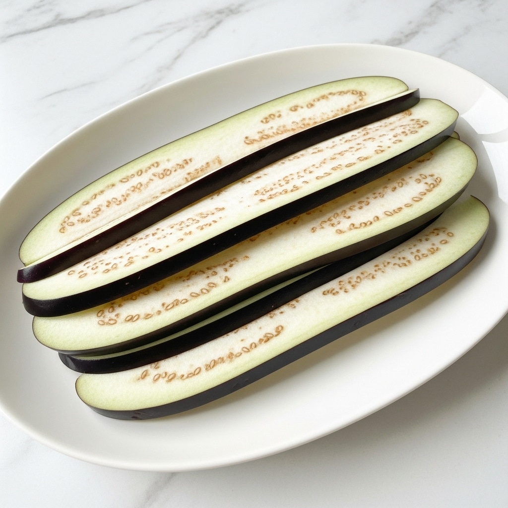 A white oval plate holds three layers of thin, long slices of raw eggplant, arranged side by side. Each layer shows the pale cream interior with light brown seeds, bordered by a thin dark purple skin. The eggplant slices overlap slightly, creating a stacked look, and the plate sits on a white marbled surface. photo taken with an iphone --ar 4:5 --v 7