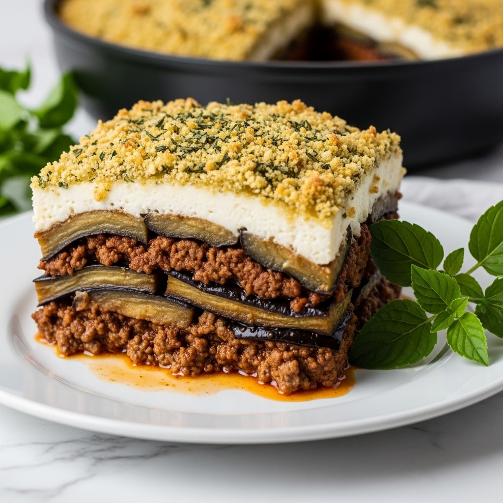 A black skillet holds a layered dish with three visible layers: the bottom layer is a rich brown ground meat sauce with a slightly chunky texture, the middle layer consists of thick dark eggplant slices, and the top layer is a golden brown baked cheese crust with some spots browned more than others, sprinkled with small fresh green herb leaves. The skillet sits on a white marbled surface covered by a blue and white striped cloth. A silver spoon inside the skillet lifts some of the meat mixture, showing the layers clearly. Photo taken with an iphone --ar 4:5 --v 7