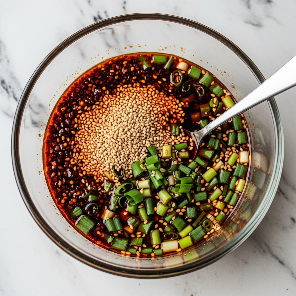 A clear glass bowl holds a vibrant sauce mixture with three main layers visible: a dark red oily liquid base richly speckled with crushed red chili flakes, chopped green onions scattered in medium-sized pieces floating throughout, and light brown sesame seeds spread evenly on top. A shiny silver spoon is partially submerged inside the bowl, positioned to the right. The bowl sits on a white marbled textured surface with some faint gray and black spots. photo taken with an iphone --ar 4:5 --v 7