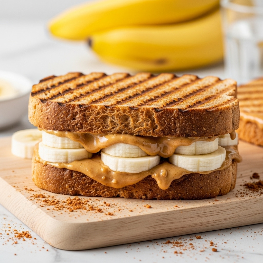 A close-up view of a sandwich made with two slices of toasted brown bread stacked one on top of the other, each filled with a single layer of sliced bananas and a layer of peanut butter oozing slightly. The sandwich is placed on a light wooden board with some scattered brown powder around it. In the background, there are blurred bananas and a glimpse of a glass of water, all sitting on a white marbled surface. The top slice of bread shows distinct grill marks. photo taken with an iphone --ar 4:5 --v 7