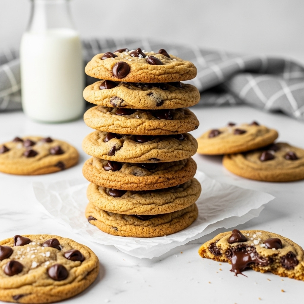A tall stack of seven round chocolate chip cookies with a golden-brown color sits on crinkled white paper on a white marbled surface, each cookie filled with many dark, shiny chocolate chips and sprinkled with flakes of sea salt. Around the stack, four more cookies lie flat, one of them broken showing its soft inside with melted chocolate chips. In the blurred background, a glass bottle filled with milk and a gray checked cloth add a cozy touch. photo taken with an iphone --ar 4:5 --v 7