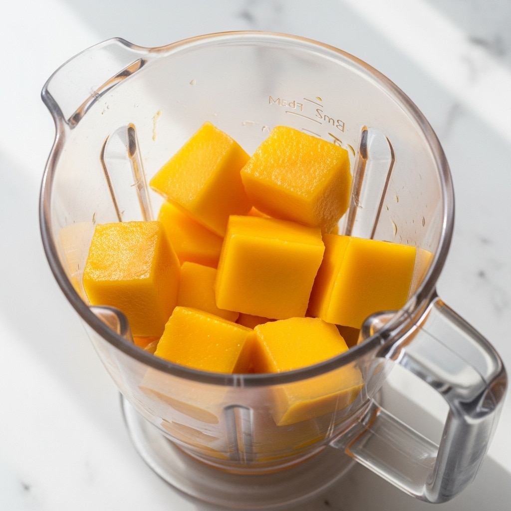 A clear blender container filled with large bright orange mango cubes inside, showing the smooth and shiny texture of the fruit pieces against the transparent walls. The blender is placed on a white marbled surface with soft natural light making the colors pop. Photo taken with an iphone --ar 4:5 --v 7