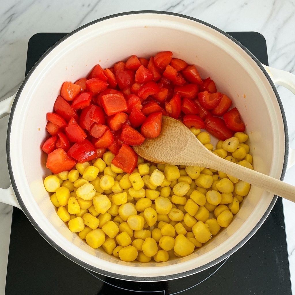 Inside a white pot with a black rim, there are two layers of cooked vegetables. The bottom layer is small yellow pieces with a soft texture, and the top layer is bright red chunks that look fresh and slightly shiny. A wooden spoon rests in the pot touching the vegetables, and the pot is set on a black stove surface with a white marbled background. Photo taken with an iphone --ar 4:5 --v 7