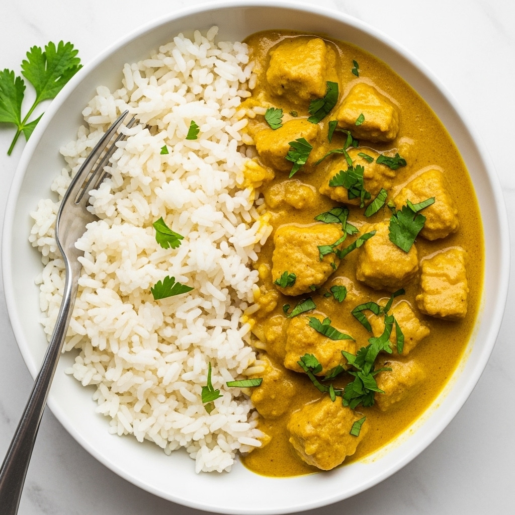 A round white plate holds a dish divided into two parts: on the left, there is a neat mound of plain, fluffy white rice with a soft texture; on the right, there is a thick layer of bright yellow curry sauce filled with small, tender pieces of chicken and garnished with chopped fresh green herbs scattered across the top. The plate is placed on a white marbled surface, with scattered sprigs of fresh green herbs and a silver fork nearby, giving a clean and simple look. Photo taken with an iphone --ar 4:5 --v 7
