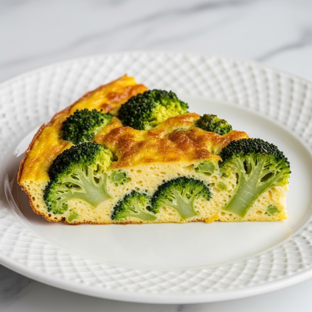 A slice of broccoli frittata sits on a white plate with light embossed patterns, placed on a white marbled surface. The frittata has one main layer that is a soft yellow cooked egg base with visible green broccoli pieces evenly spread through it, some slightly darker green on top. The texture is slightly spongy with a golden-yellow surface showing light browning. The edges are thin and a little crispier with a slight brown tint. The slice shows a gentle triangular shape with smooth edges. Photo taken with an iphone --ar 4:5 --v 7