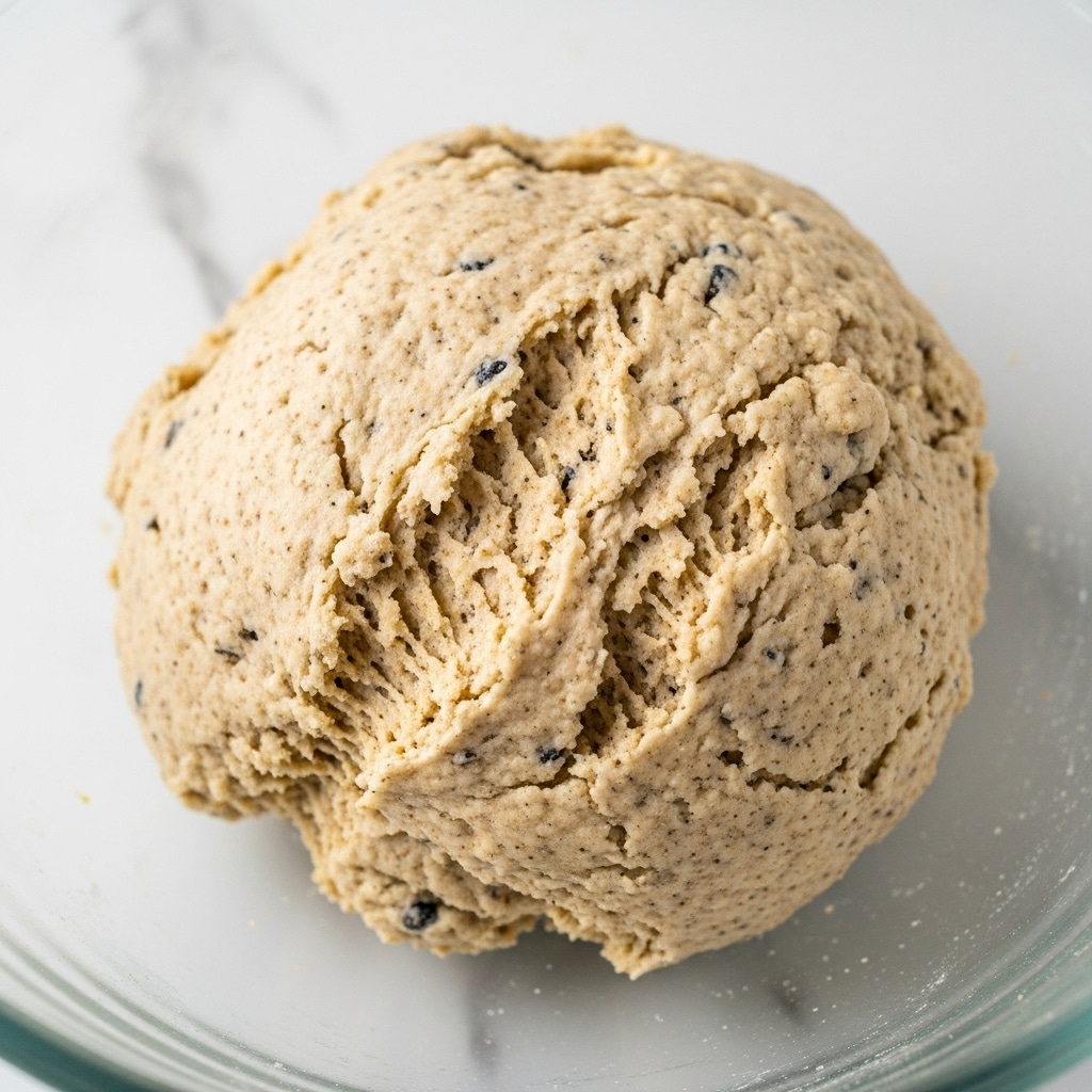 A close-up of a single mound of light tan dough with a slightly crumbly texture and small dark specks scattered throughout, sitting inside a clear glass bowl with a white marbled surface beneath. There are visible indentations and uneven marks on the dough, showing softness and slight roughness. No other layers or elements are present in the image. Photo taken with an iphone --ar 4:5 --v 7