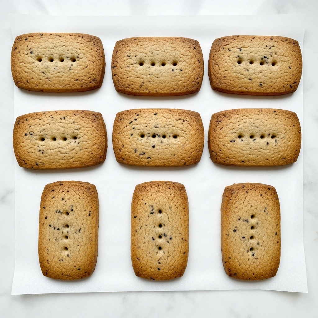 Several rectangular, light brown cookies with small dark specks are arranged in a neat grid on white parchment paper, placed on a white marbled surface. Each cookie shows a pattern of small holes in the center, adding texture to their smooth tops. The cookies are evenly spaced with slight imperfections around their edges, creating a uniform yet natural look. photo taken with an iphone --ar 4:5 --v 7