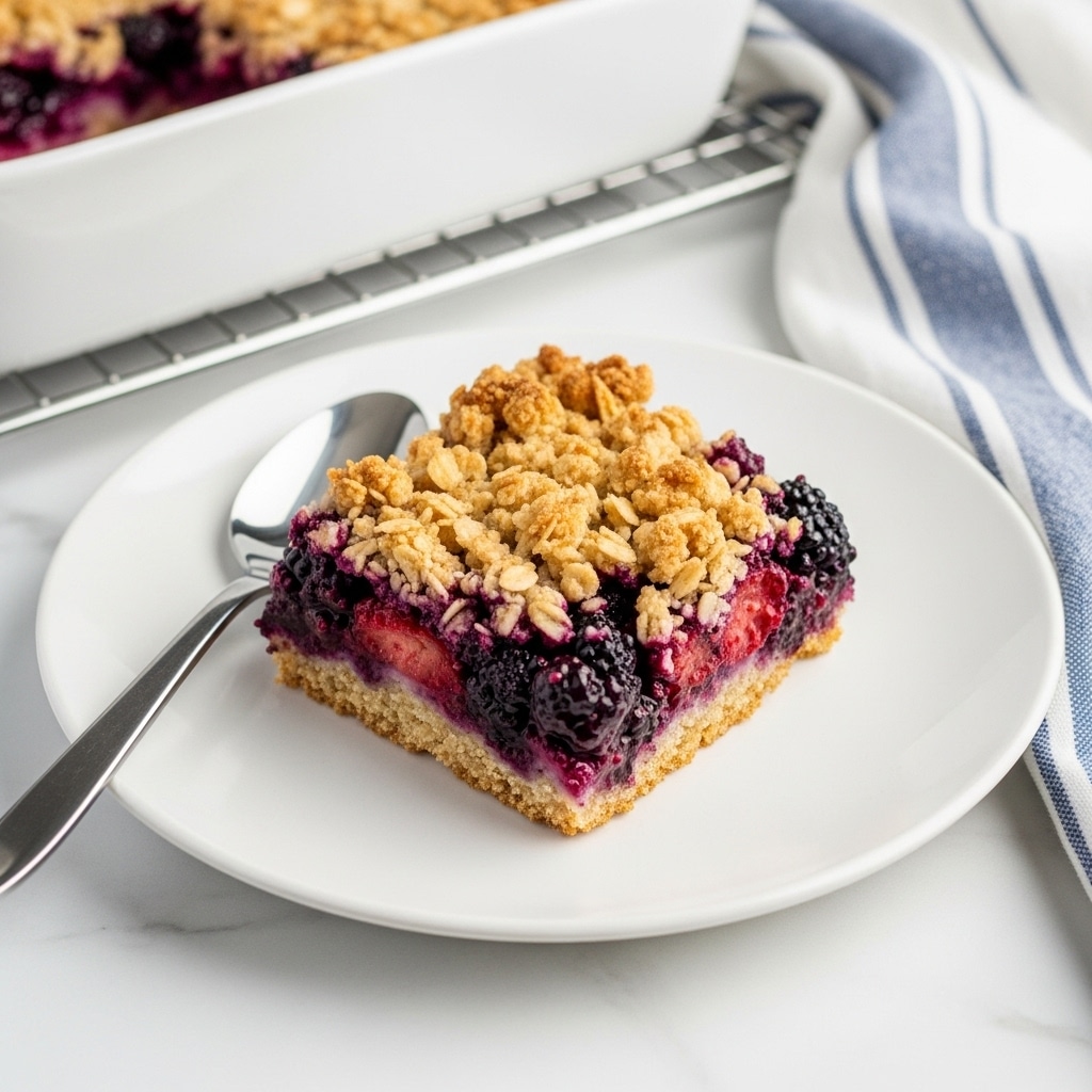 A square piece of fruit crumble sits in the middle of a plain white plate, showing two main layers. The bottom layer is a mix of soft, juicy dark purple and red berries with a slightly mushy texture, while the top layer is golden-brown oats that look crunchy and crumbly. On the left side of the plate, there is a shiny silver spoon resting next to the crumble. In the background, part of a white rectangular baking dish filled with more crumble is visible on a metal cooling rack, while a blue and white striped cloth is placed to the right, all set on a white marbled surface. Photo taken with an iphone --ar 4:5 --v 7