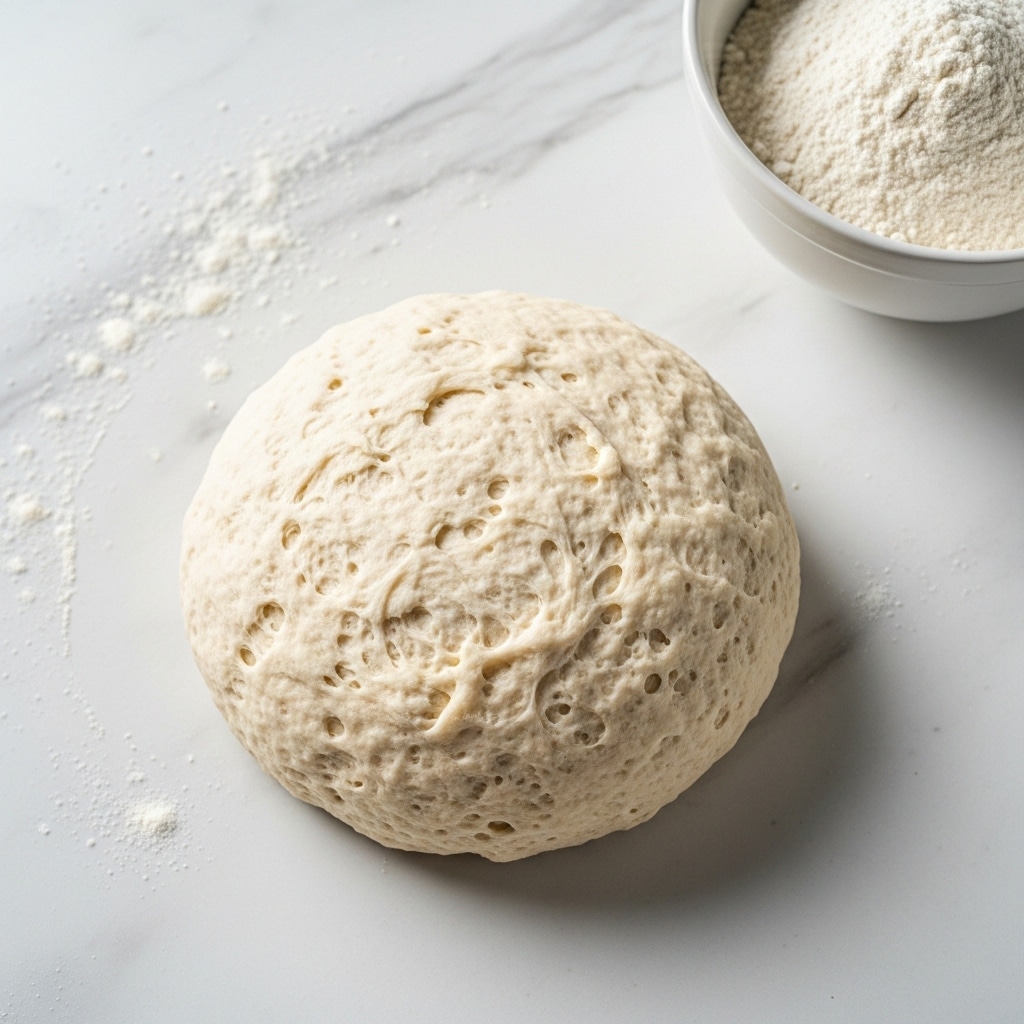 A soft, round ball of dough sits in the center on a white marbled surface dusted lightly with flour. The dough has a pale cream color with small uneven bumps and a slightly rough texture, showing it is ready to be worked or rested. To the top right, there is a white bowl filled with flour, adding an extra layer of baking atmosphere. The natural light gently highlights the dough’s surface, making it look fresh and inviting. Photo taken with an iphone --ar 4:5 --v 7