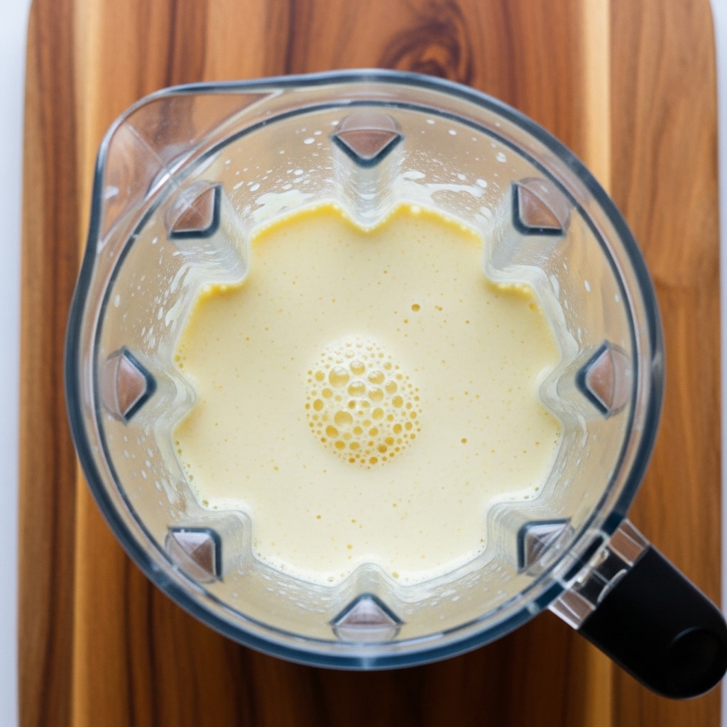 A clear blender jug filled with a smooth, light yellow liquid that looks creamy, sitting on a wooden board. The liquid inside has a few small bubbles on the surface, with the blender's blades visible beneath the liquid. The wooden board has a natural grain texture, and the whole scene is viewed from above. photo taken with an iphone --ar 4:5 --v 7