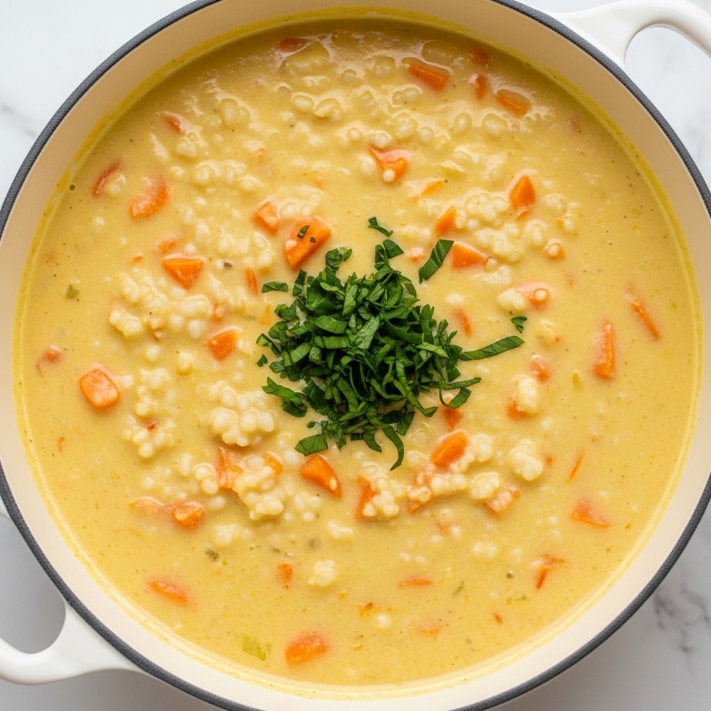 A white pot filled with thick, creamy soup showing soft chunks of orange carrot and white grains throughout. The soup has a pale yellow color and a smooth, slightly textured surface. In the center on top, there is a small pile of finely chopped fresh green herbs. The pot is set on a white marbled surface. Photo taken with an iphone --ar 4:5 --v 7