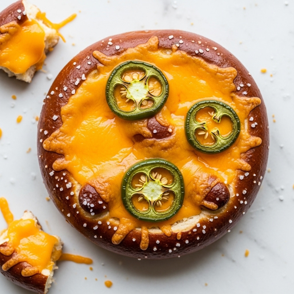 A round soft pretzel base with a shiny golden-brown crust topped with a thick layer of melted sharp cheddar cheese, covering the pretzel almost fully. Three slices of green jalapeño are placed on top of the cheese, slightly cooked with a darker green edge. The pretzel surface has coarse salt sprinkled around the edges. Some broken pieces of the pretzel with melted cheese bits are scattered near it, all set on a white marbled surface. photo taken with an iphone --ar 4:5 --v 7