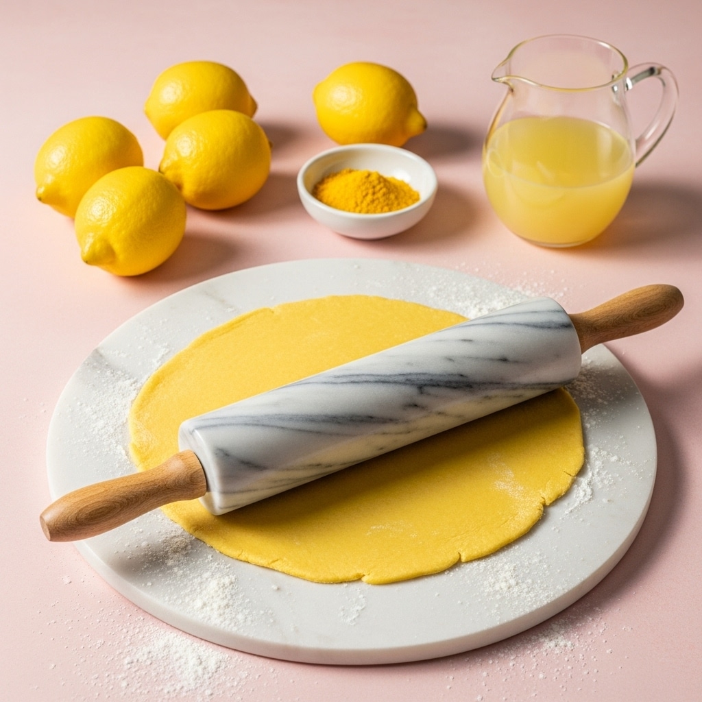 A round piece of yellow dough is rolled out flat on a round white marbled board with some white flour sprinkled around. A marble rolling pin with wooden handles lays on top of the dough, positioned diagonally from the bottom right to the top left. In the soft pink background, several bright yellow lemons are placed along with a small white bowl containing a yellow powder, and a glass pitcher filled with a pale yellow liquid. The scene is light and airy with warm natural lighting. photo taken with an iphone --ar 4:5 --v 7