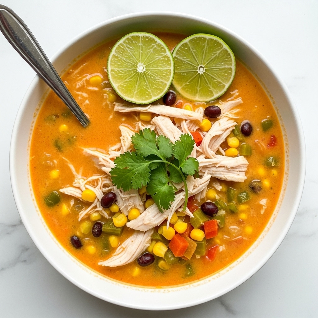 An overhead, close-up photograph shows a creamy, orange-yellow soup or stew in a white, enameled cast iron Dutch oven set on a black electric burner. The thick mixture contains visible chunks of ingredients, including what appear to be yellow corn kernels, dark red-brown beans, and pieces of green pepper, possibly jalapeños or poblanos. The liquid base has a rich, slightly textured appearance, suggesting melted cheese or a cream base seasoned with spices like chili powder, which gives it the orange hue.