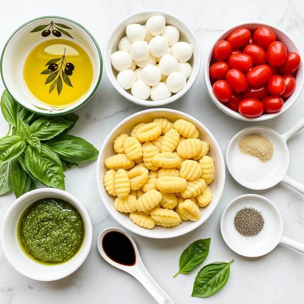 The image shows an arrangement of ingredients on a white marbled surface. In the center is a white bowl filled with yellow gnocchi, which have a soft, ridged texture. Above it is another white bowl filled with small, round, white mozzarella balls. To the right, there is a white bowl with bright red grape tomatoes, smooth and shiny. Small white dishes with different spices—light brown garlic powder, white salt, and black pepper—are placed around the bowls. To the left, a bowl with golden yellow olive oil, decorated with a small olive branch drawing, sits next to a bunch of fresh green basil leaves. At the bottom left, a white bowl holds green pesto with an oily texture, and next to it, a white spoon contains dark balsamic vinegar. A few loose basil leaves are scattered on the surface. Photo taken with an iphone --ar 4:5 --v 7