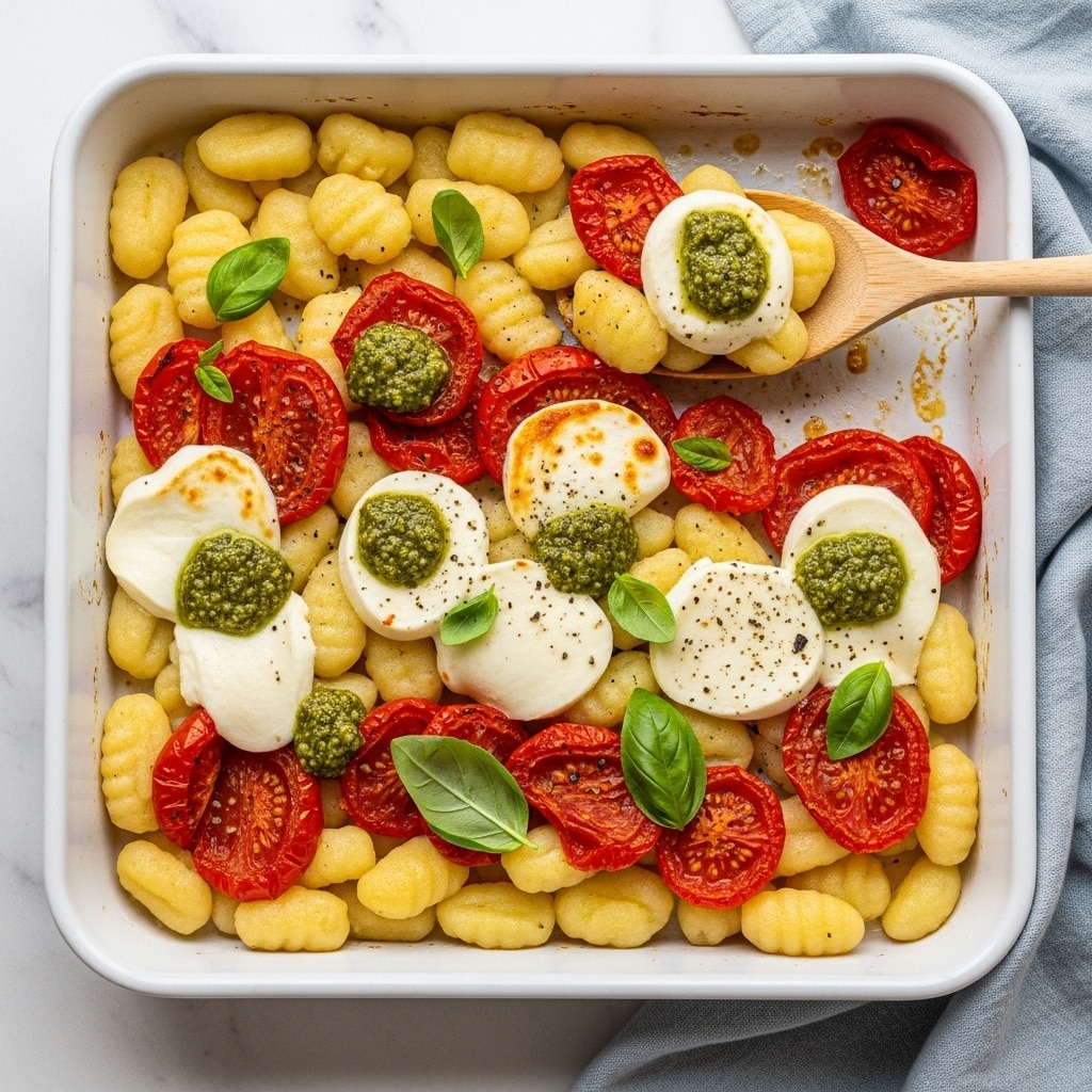 A white baking tray filled with three main layers: at the bottom, light golden yellow gnocchi with a smooth, slightly ridged texture; scattered around and in between are roasted red tomato halves for a juicy look; on top are soft, white mozzarella cheese pieces that are round and slightly melted; small dollops of green pesto sauce add texture and color contrast; fresh green basil leaves are scattered over the whole dish for decoration; a spoon made of light wood is lifting a portion of the food showing the layers clearly, all set on a white marbled surface with a light blue cloth nearby. photo taken with an iphone --ar 4:5 --v 7