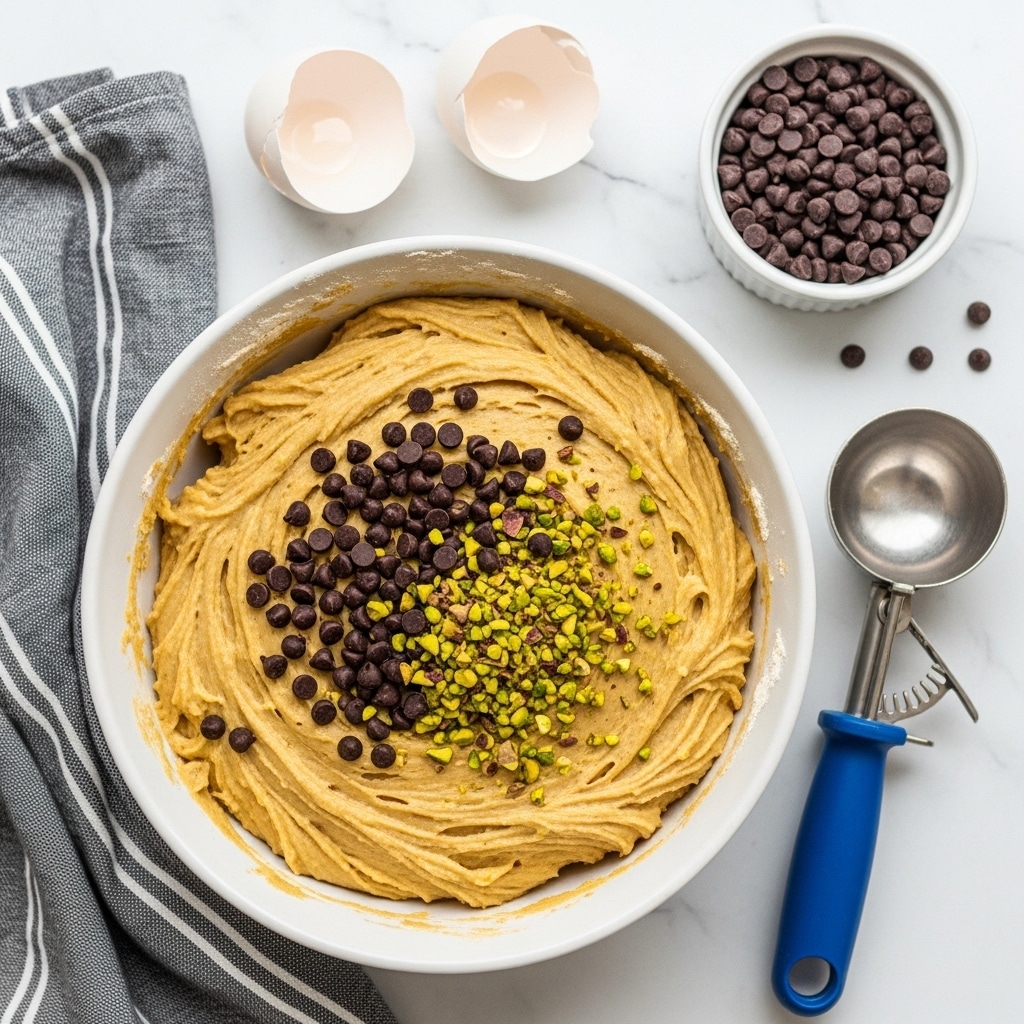 In a white bowl filled with tan cookie dough, small dark chocolate chips and chopped green pistachios are sprinkled over the top, creating a colorful contrast on the soft dough surface. The dough has slight swirls and smooth texture, surrounded by light flour dust on the bowl edges. Nearby are two broken white eggshells, a small white bowl packed with more dark chocolate chips, and a metal scoop with a blue handle resting on a white marbled surface. A gray and white striped cloth is folded to the side. Photo taken with an iphone --ar 4:5 --v 7
