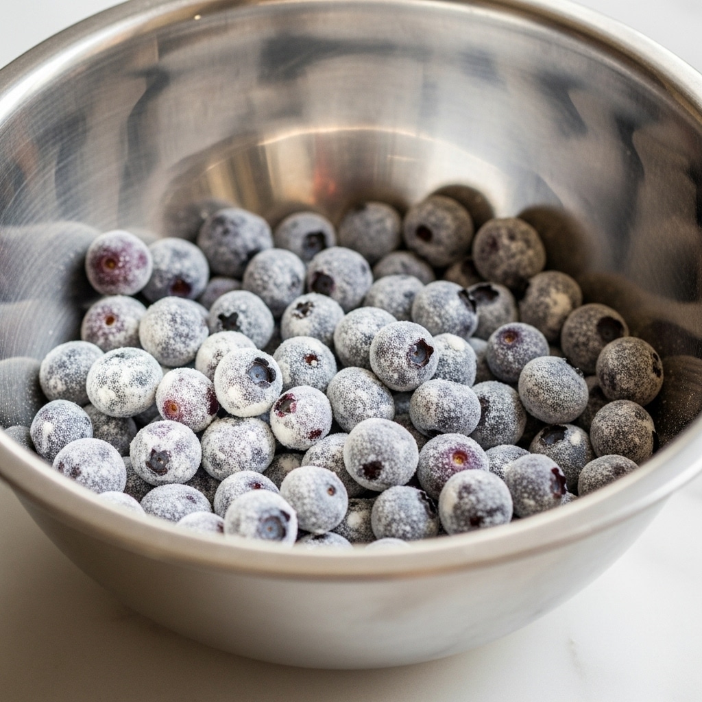 A close-up of a silver metal bowl filled with small, round blueberries covered in white powder, likely flour, resting on a white marbled surface. The blueberries are piled unevenly, showing different shades of dark blue and purple with a light dusting of powder giving a soft texture over them. The bowl takes up most of the frame, and the inside shines with soft reflections of light. photo taken with an iphone --ar 4:5 --v 7