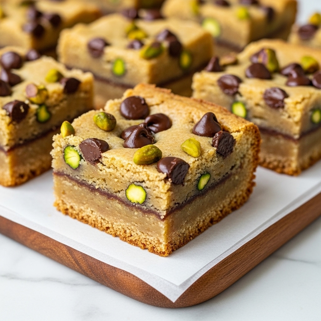 The image shows several square-shaped blondie bars placed on white parchment paper on a wooden board, which is resting on a white marbled surface. Each blondie bar has two visible layers: a thick golden-brown bottom layer with a moist and dense texture, and a slightly lighter golden top layer speckled with large dark brown chocolate chips and small green pistachio pieces. The edges are firm and slightly crumbly. There is a soft natural light that highlights the texture of the blondies and the contrast between the pistachios, chocolate chips, and the cookie base. Photo taken with an iphone --ar 4:5 --v 7