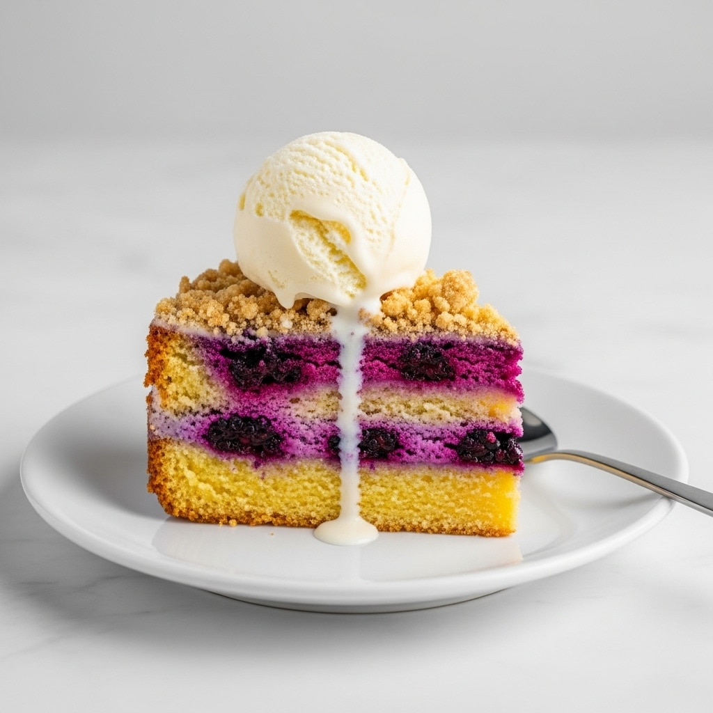 A slice of cake is placed on a white plate on a white marbled surface. The cake has three layers: the bottom layer is golden yellow and dense, the middle layer is filled with dark purple berries, and the top layer is a crumbly, light brown topping. A scoop of vanilla ice cream sits on top of the cake, melting slightly and dripping down over the berry layer. A spoon rests next to the cake on the plate. Photo taken with an iphone --ar 4:5 --v 7