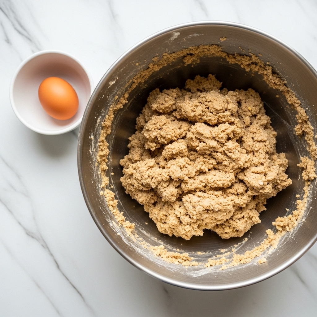 A large metal mixing bowl sits on a white marbled surface, filled with a thick, crumbly, light brown dough that has a rough texture and bits of small grains visible. The dough clings slightly to the sides of the bowl, showing it is sticky but firm. Next to the bowl, a white container holds a single brown egg, adding a simple contrast to the scene. The image is taken from above, highlighting the texture and mixture in the bowl clearly photo taken with an iphone --ar 4:5 --v 7