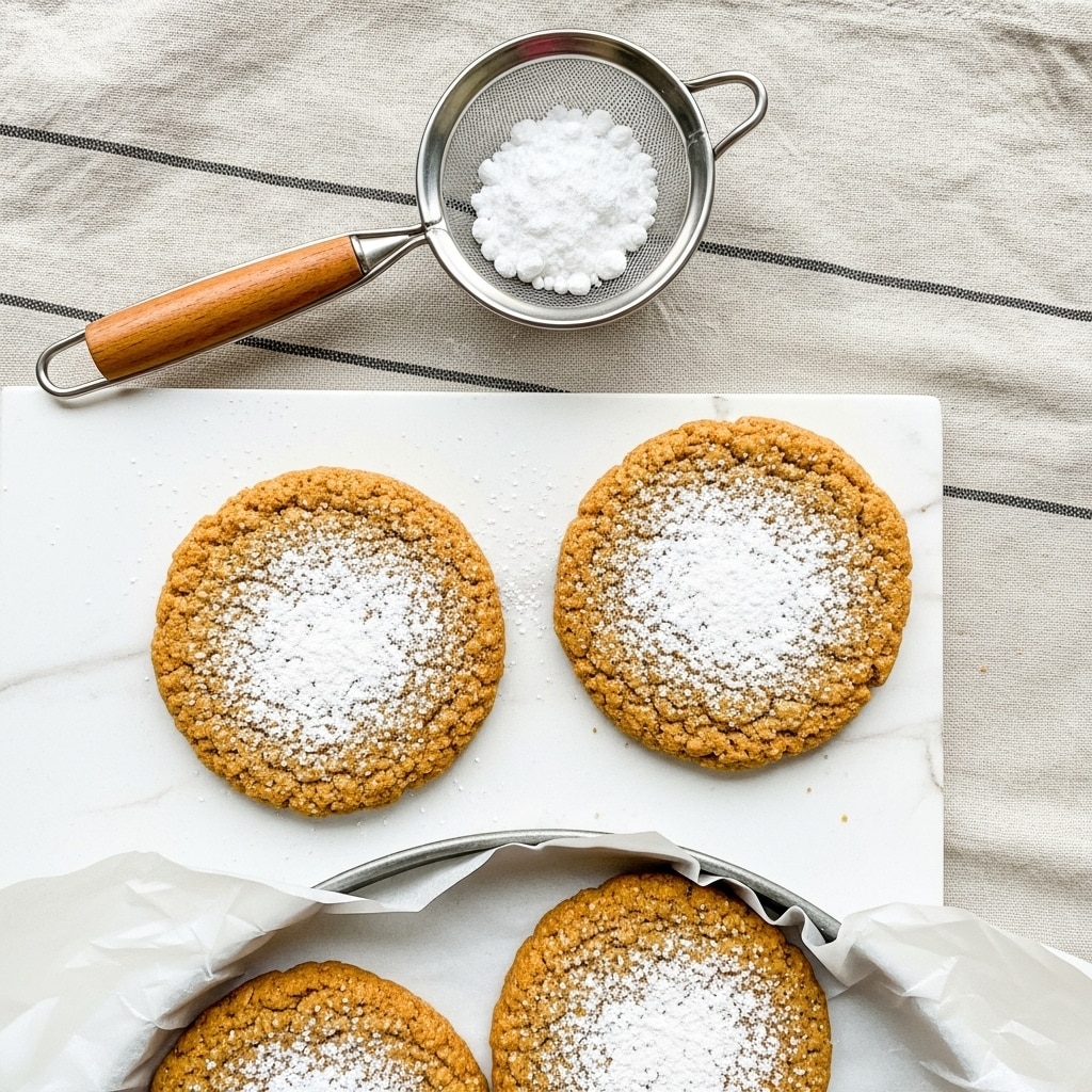 The image shows two round oatmeal cookies with a golden-brown color and a rough, crumbly texture. Each cookie has a light dusting of white powdered sugar on top, concentrated mostly in the middle and spreading lightly outward. One cookie is on a white marbled surface near the center, while the other is slightly overlapping on the right side. A silver sifter with a wooden handle, filled with powdered sugar, is placed above the cookies over a soft beige striped cloth. In the lower part of the image, part of a round metal tray with similar cookies lined with white parchment paper is visible. Photo taken with an iphone --ar 4:5 --v 7