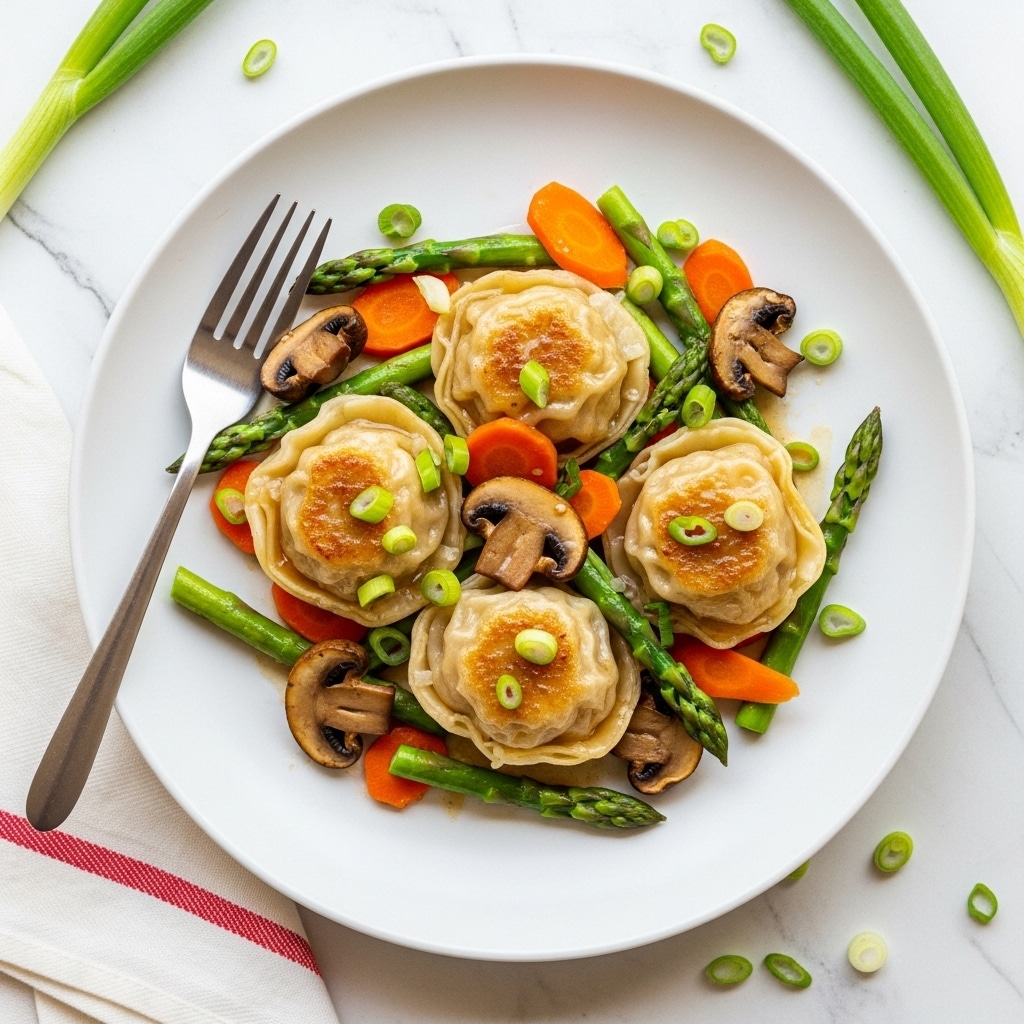 A white plate sits on a white marbled surface, holding a dish with four golden-brown dumplings placed in the center, each dumpling glossy with sauce. Around the dumplings are sliced brown mushrooms, bright green asparagus pieces, and orange carrot slices, all mixed with chopped green onions scattered on top. A silver fork rests on the left side of the plate, and there are a few green onion pieces on the white marbled surface around the plate. A white napkin with a red stripe is at the bottom left corner of the image. Photo taken with an iphone --ar 4:5 --v 7