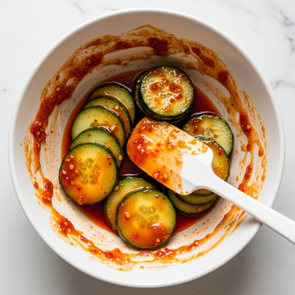 A white bowl filled with several layers of thin cucumber slices coated in a thick, bright orange-red sauce with visible small chili flakes. The sauce is spread unevenly on the sides of the bowl, showing its sticky texture. A white spatula with a small amount of sauce rests inside the bowl, partially touching the cucumbers and the bowl’s edge. The bowl sits on a white marbled surface with soft natural light highlighting the glossy sauce and fresh cucumber edges, creating a vibrant and fresh look. photo taken with an iphone --ar 4:5 --v 7