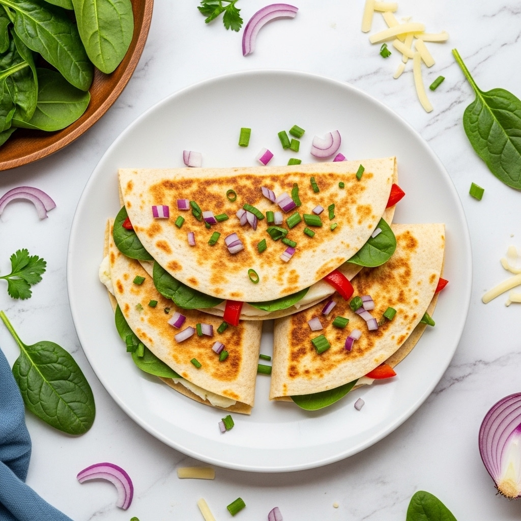 Two folded tortillas with light golden brown spots are cooking side by side in a gray non-stick pan. Each tortilla is folded in half with a visible seam running vertically down the middle one, while the other is slightly curved at the edge, showing a bit of green and reddish filling peeking out. The tortillas have a soft but slightly crispy texture, and the pan sits on a white marbled surface. Photo taken with an iphone --ar 4:5 --v 7