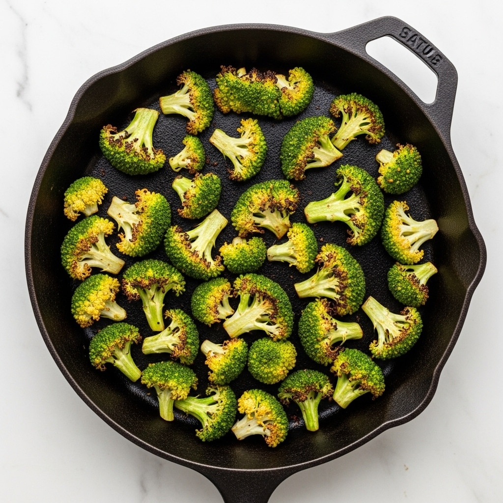 The image shows a single black cast iron pan filled with small broccoli florets that are roasted to a crisp, with some parts showing a golden brown color from cooking. The broccoli pieces are scattered evenly in the pan and have a bright green shade with charred edges, giving a mix of fresh and cooked textures. The pan rests on a white marbled surface, creating a clean and simple background that contrasts with the dark pan and green broccoli. Photo taken with an iphone --ar 4:5 --v 7