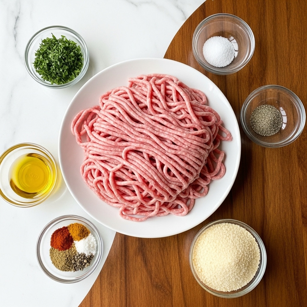 A white plate in the center holds a large pile of pale pink ground meat, softly textured in long thin strands layered loosely. Surrounding the plate on a wooden table are five small glass bowls: at the top, finely chopped green herbs; to the top right, a little salt and black pepper; on the bottom right, a bowl of light beige breadcrumbs; on the bottom left, a mixture of colorful spices including red, brown, and white powders; and to the left, a small amount of light golden oil. The entire scene is set on a white marbled surface. Photo taken with an iphone --ar 4:5 --v 7