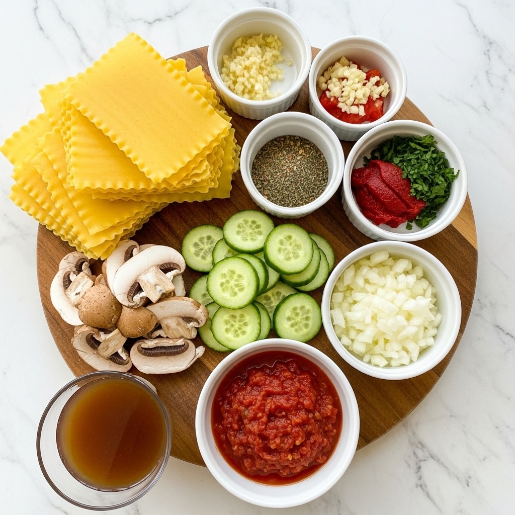 The image shows an arrangement of cooking ingredients on a round wooden board placed on a white marbled surface. At the top left, there are three large layers of yellow pasta sheets with ruffled edges, stacked loosely. Next to the pasta are small white bowls filled with various items: one bowl with finely chopped white garlic pieces, another with a small pile of mixed dried herbs, one with bright red tomato paste, and another with finely chopped green parsley. Below these, on the board's left side, there are thick slices of light brown mushrooms and fresh green cucumber slices arranged in a neat pile. To the right of the cucumbers, there is a small chunk of finely diced white onions in a white bowl. At the bottom of the board, there is a bowl filled with a deep red chunky tomato sauce. In front of the board is a glass filled with dark brown liquid, likely broth. The whole setup is clean and bright with clear textures and colors shining on the white marbled background. photo taken with an iphone --ar 4:5 --v 7