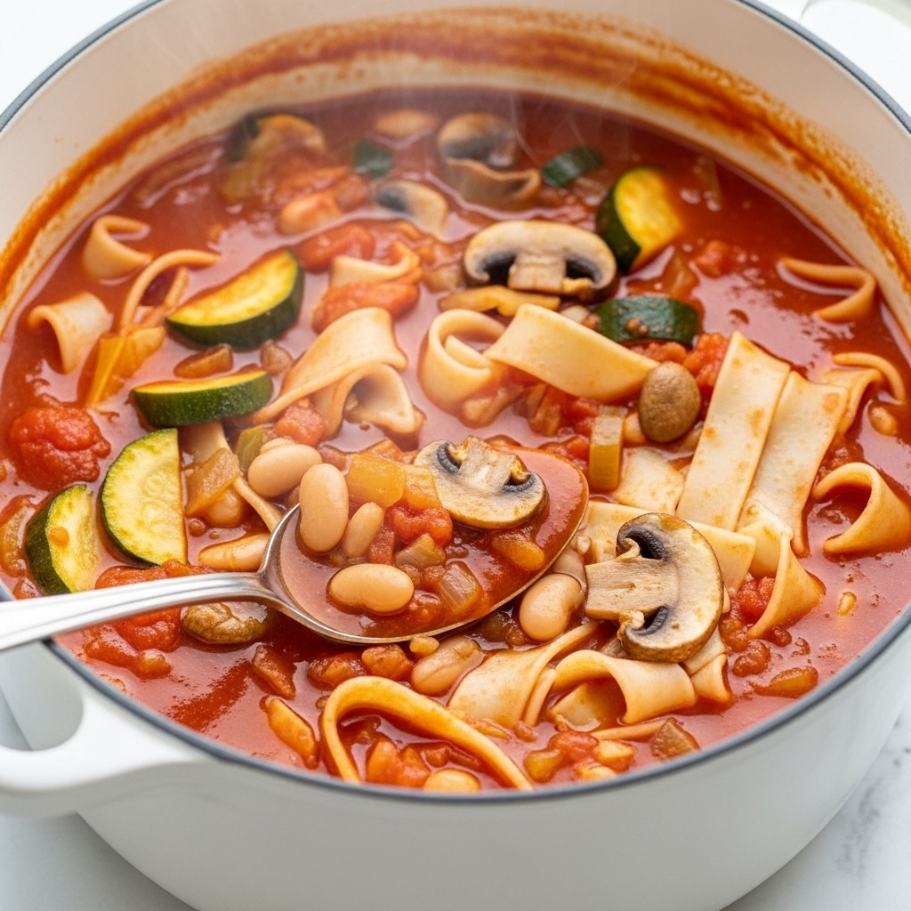 The image shows a white pot filled with rich red tomato soup that has a thick texture. Inside the soup, there are visible layers of vegetables, including slices of zucchini in green and yellow tones, chunks of mushrooms in light brown, and white beans scattered throughout. Wide, flat pasta noodles float in the soup, adding a pale cream color layer. A silver spoon with soup on it is inside the pot, near the front edge, with steam rising softly from the hot soup. The pot is placed on a white marbled surface. photo taken with an iphone --ar 4:5 --v 7