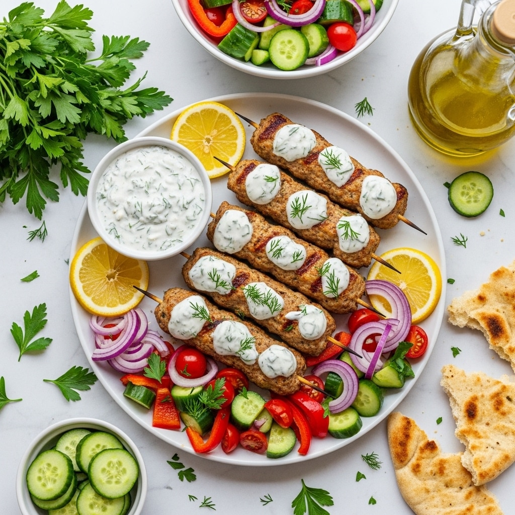 The image shows six grilled meat skewers on a large white plate with a white marbled surface underneath. Each skewer has an oval-shaped grilled meat patty with a light brown color and grill marks, topped with a dollop of white creamy sauce and a small green dill sprig. Two lemon wedges in light yellow with visible texture rest on the plate, one near the top center and one on the bottom right. A small round white bowl on the left holds extra creamy sauce with green herbs mixed in, and a green dill sprig is visible in the background. photo taken with an iphone --ar 4:5 --v 7