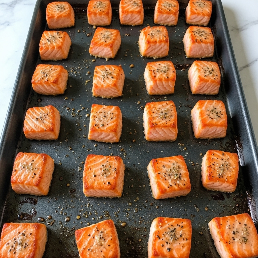 A baking tray filled with many small pieces of cooked salmon, each piece square or rectangular in shape, arranged loosely in rows and scattered across the tray. The salmon pieces have a warm orange color with a slightly crispy texture on some edges and a moist, flaky look on the surface. The tray itself is dark gray and shows some seasoning and light residue from cooking. The background is a white marbled texture. photo taken with an iphone --ar 4:5 --v 7