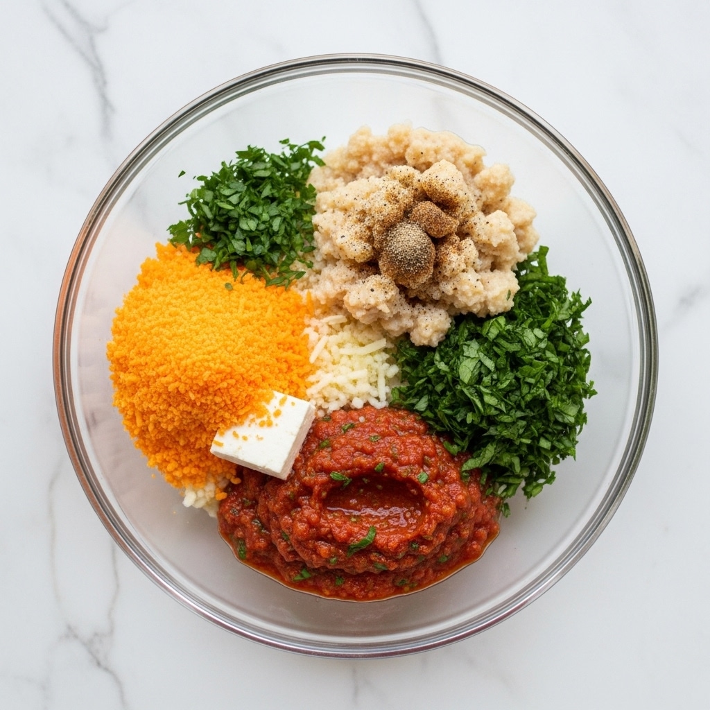 This image shows a clear glass bowl with seven separate layers of ingredients, all placed on a white marbled surface. Starting from the top right in a clockwise direction, there is a light beige layer with small chunks and a dark spice sprinkled on top. Next to it is a dark green leafy layer, finely chopped. Below that is a thick, chunky red sauce with green herb bits mixed in. Moving further left is a mound of finely grated orange cheese with a white block in the middle of it. Above that is a small cluster of finely chopped light green herbs. All layers are neat and distinct, showing different textures and colors in the clear bowl. Photo taken with an iphone --ar 4:5 --v 7