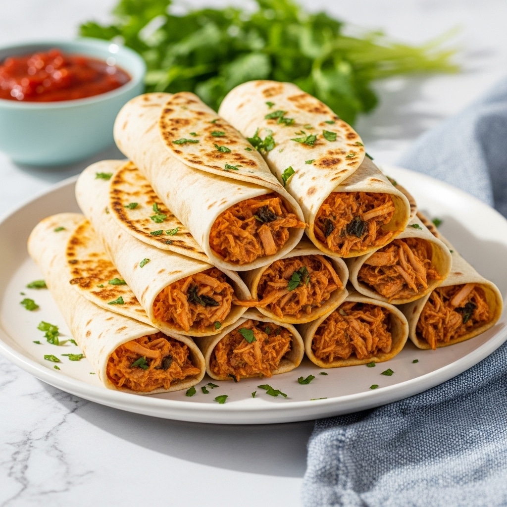 There is a stack of six rolled tortillas filled with a reddish-orange chicken and cheese mix, showing melted, soft textures with bits of chicken inside. The tortillas are light golden with some toasted spots, and the stack is shaped like a pyramid on a white plate. On the left side of the plate, fresh green cilantro leaves and a small bowl with red sauce are visible. In the foreground, part of a sliced lime is blurred on a white marbled surface. A blue and white cloth napkin sits at the right edge. The background is bright white with soft natural light, giving a clean look. Photo taken with an iphone --ar 4:5 --v 7