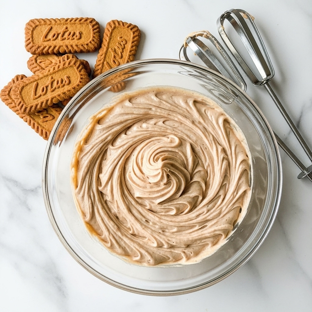 A glass bowl filled with a smooth, light brown creamy mixture that has soft, swirled peaks and a thick texture, placed on a white marbled surface. Next to the bowl, there are several rectangular brown cookies stacked on top of each other with visible brand embossing. Two silver metal beaters are resting nearby. Photo taken with an iphone --ar 4:5 --v 7