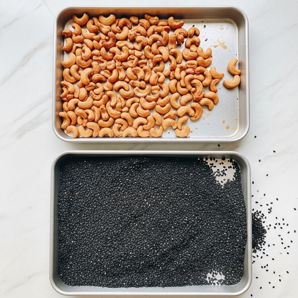 Two rectangular metal trays are placed on a white marbled surface, one above the other. The top tray holds a layer of scattered toasted cashew nuts, showing a light golden brown color and smooth texture, spread evenly but loosely across the tray. The bottom tray contains a dense, even layer of small, matte black sesame seeds covering most of the tray’s surface, with a rough texture and some slightly scattered seeds near the edges. Both trays show signs of light use with some small stains and marks. photo taken with an iphone --ar 4:5 --v 7