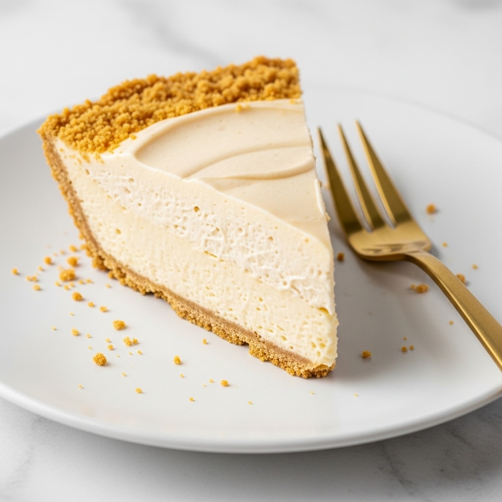 A single slice of pie sits on a white plate with a few crumbs around the edges. The pie has two visible layers: a light tan creamy filling on the bottom and a slightly thicker, smooth light tan topping layer. The crust is a crumbly, golden-brown graham cracker base at the edges and scattered on top. Next to the slice, there is a shiny golden fork resting on the plate. The surface beneath the plate has a white marbled texture. Photo taken with an iphone --ar 4:5 --v 7