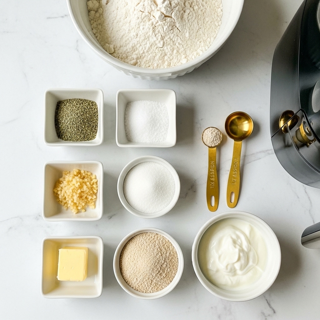 The image shows nine small white dishes and two gold measuring spoons arranged neatly on a white marbled surface. At the top center, there is a large white bowl filled with white flour. Below it, two square dishes hold green dried herbs on the left and white salt on the right. Under these, another square dish contains light brown minced garlic, and next to it is a round bowl with white sugar. At the bottom left, a fourth square dish has a small piece of yellow butter, and next to it is a round bowl filled with beige yeast. On the bottom right, a round bowl is filled with white yogurt. Two gold measuring spoons lay vertically on the right side, one labeled 1/4 teaspoon and the other 1/2 teaspoon. To the far right, part of a black air fryer is visible. photo taken with an iphone --ar 4:5 --v 7