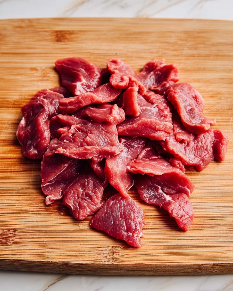 A pile of thinly sliced raw red meat pieces is placed in the middle of a light brown wooden cutting board with visible grain and texture, set on a white marbled surface. The meat slices show a mix of smooth and slightly fibrous textures with some small light fat streaks, arranged loosely in an uneven pile. Photo taken with an iphone --ar 4:5 --v 7