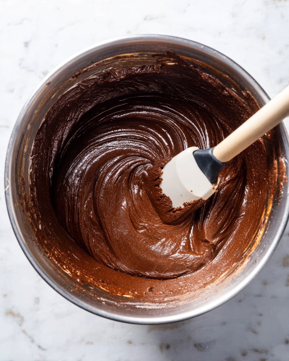 A close-up view of a shiny, smooth, dark brown chocolate batter inside a round silver metal bowl. The batter has thick texture with soft swirls made by a white spatula with a black handle resting gently in the center, covered partly with batter. The background shows a white marbled texture surface, giving a clean and bright look photo taken with an iphone --ar 4:5 --v 7