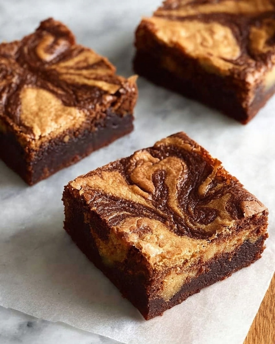 Three square brownie pieces with swirled light brown and dark brown tops are placed on white parchment paper on a white marbled surface. Each brownie shows a marbled pattern made from mixed light and dark batter layers, giving a textured, slightly cracked look on top. The edges are firmer and darker brown, while the inside is softer with the swirl pattern continuing through. Photo taken with an iphone --ar 4:5 --v 7