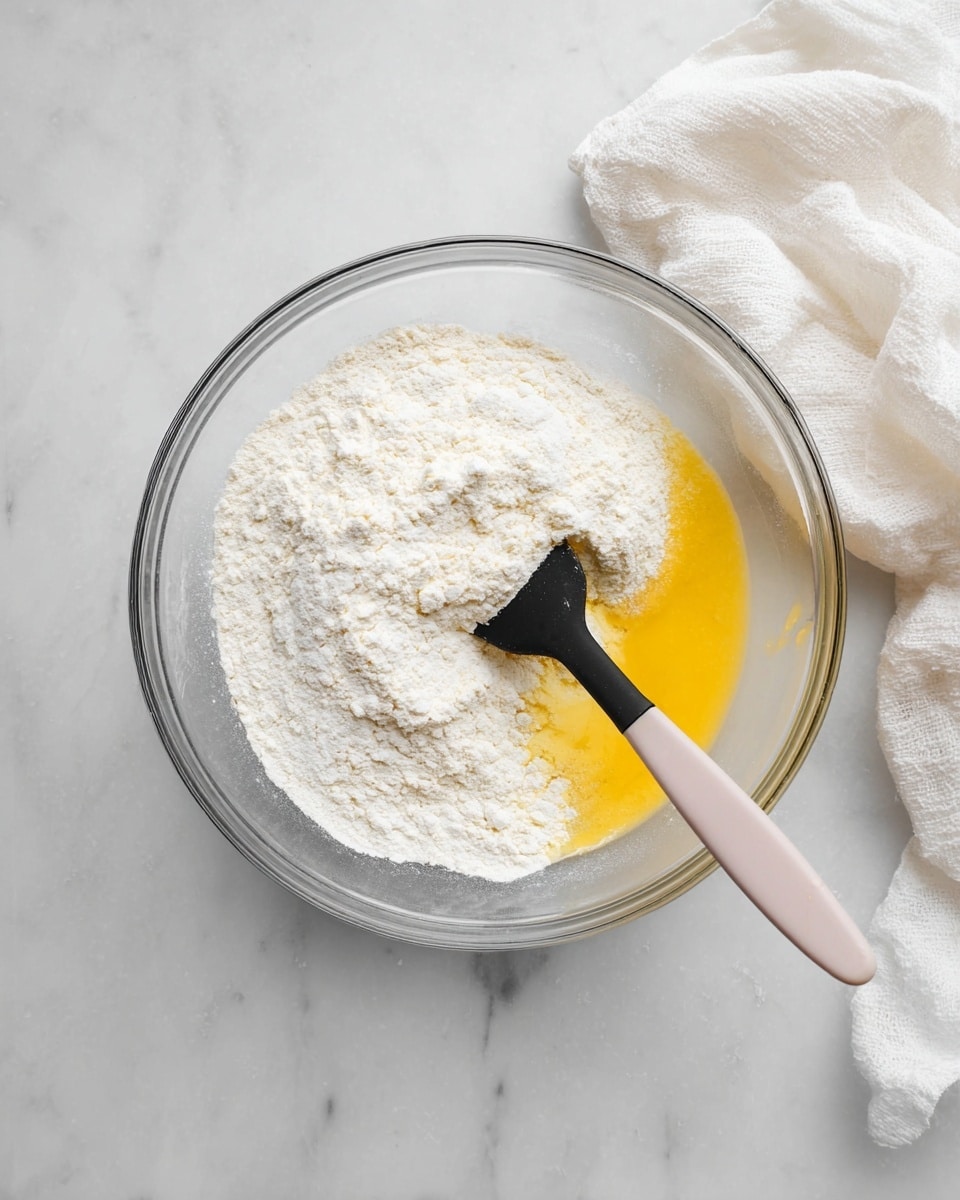 A clear glass bowl sits on a white marbled surface, holding two main layers of ingredients: a large pile of fine white flour covering most of the bowl's surface, and a smaller pool of yellow melted butter or egg mixture visible underneath on the right side. Inside the bowl, a black spatula with a light pink silicone head is partially buried in the flour and mixture, resting diagonally with the handle extending outside the bowl. A white cloth with a slightly rough texture is placed casually near the top right corner of the frame. photo taken with an iphone --ar 4:5 --v 7